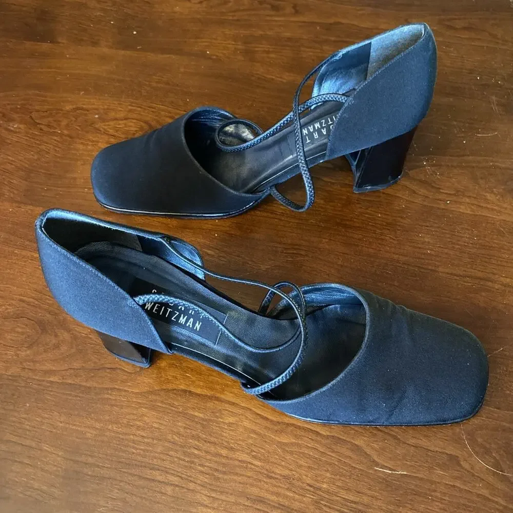Stuart Weitzman 9 Black Heel Fabric Criss-Cross Strap Block 2W01994 Shoes VGC